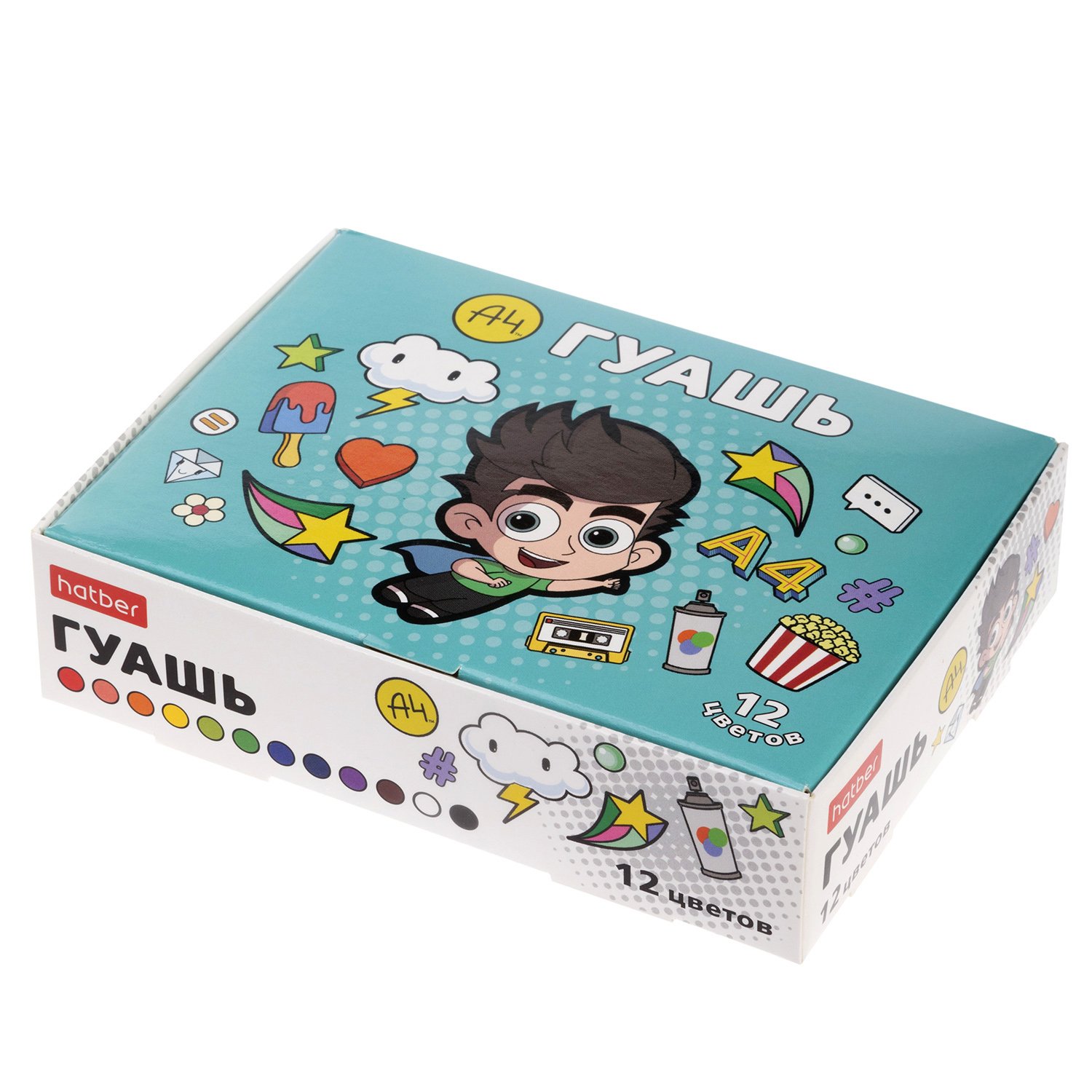 Краски Гуашь 10мл 12 цв. Hatber -Влад А4-  в картонной коробке 