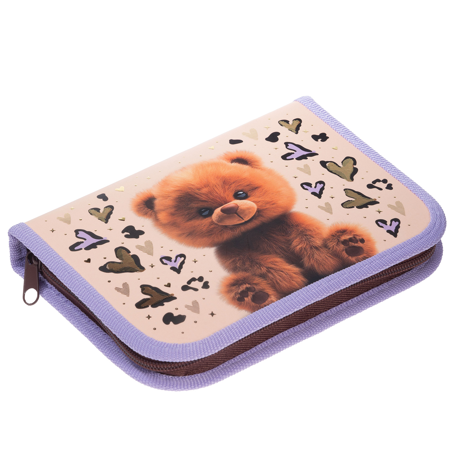 Пенал 190х130мм 1 отделение на молнии мат.ламин. 3D фольга -Пушистый мишка- с табл.умножения  в индив.упак.