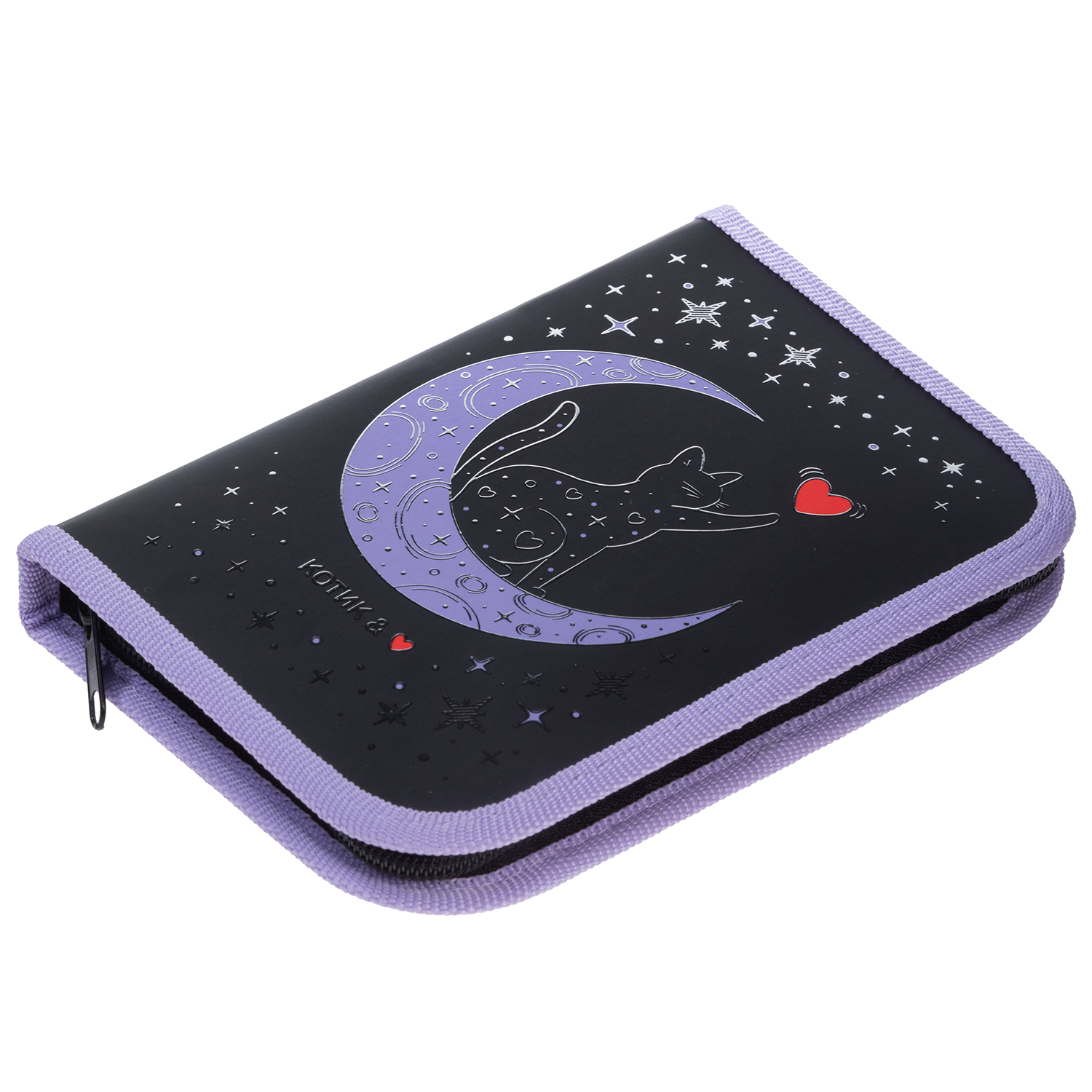 Пенал 190х130мм 1 отделение на молнии с откидной планкой мат.ламин. 3D фольга-Звездный котик- с табл.умножения  в индив.упак.