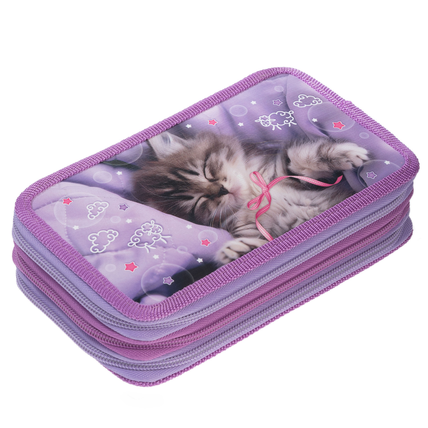 Пенал 190х110мм 3 отделения на молнии глянц. ламин. -Что снится котикам?- с табл.умножения  в индив.упак.