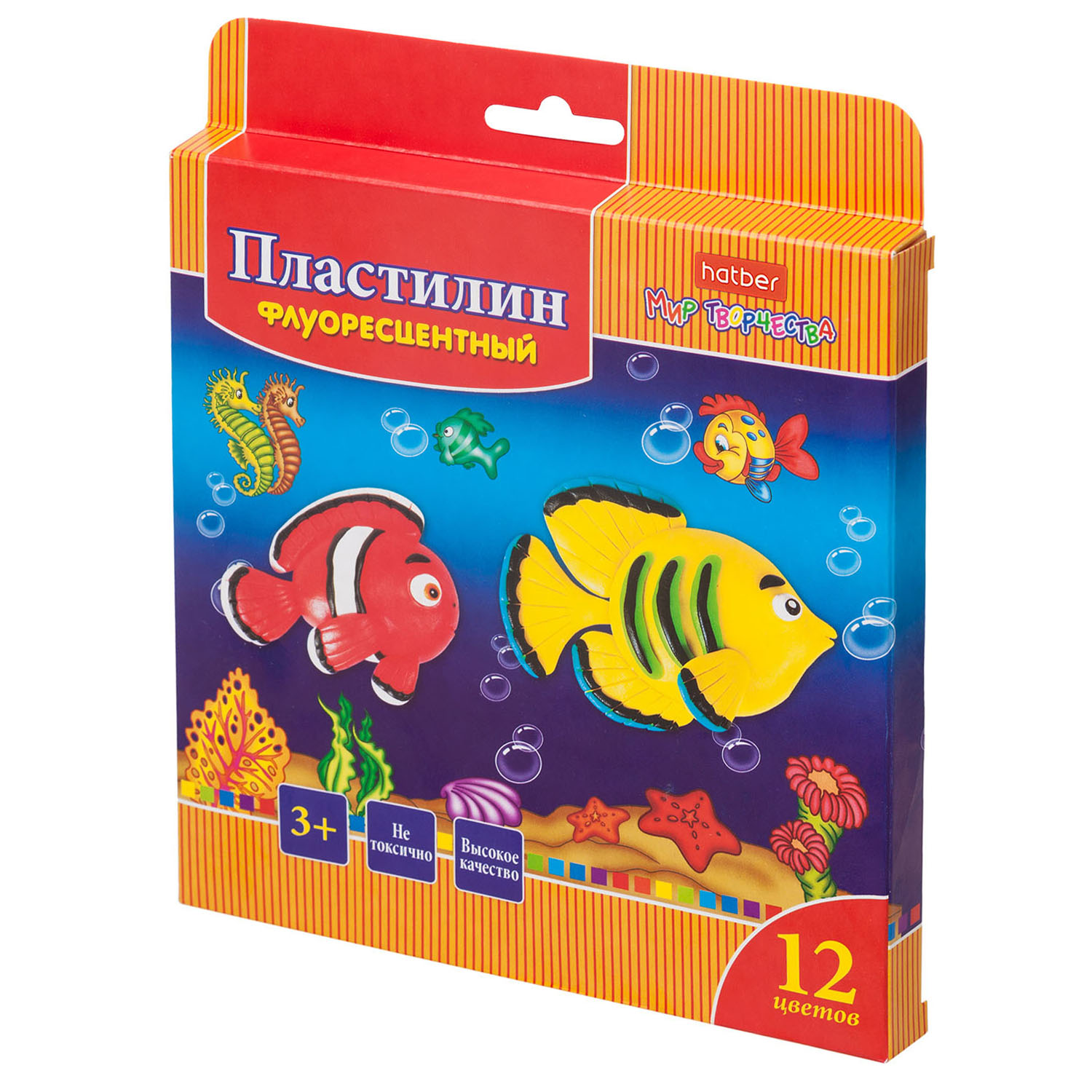 Пластилин Восковой флюоресцент. 12 цв. 180г со стеком -Морская семейка-  в карт. короб. с европодвесом