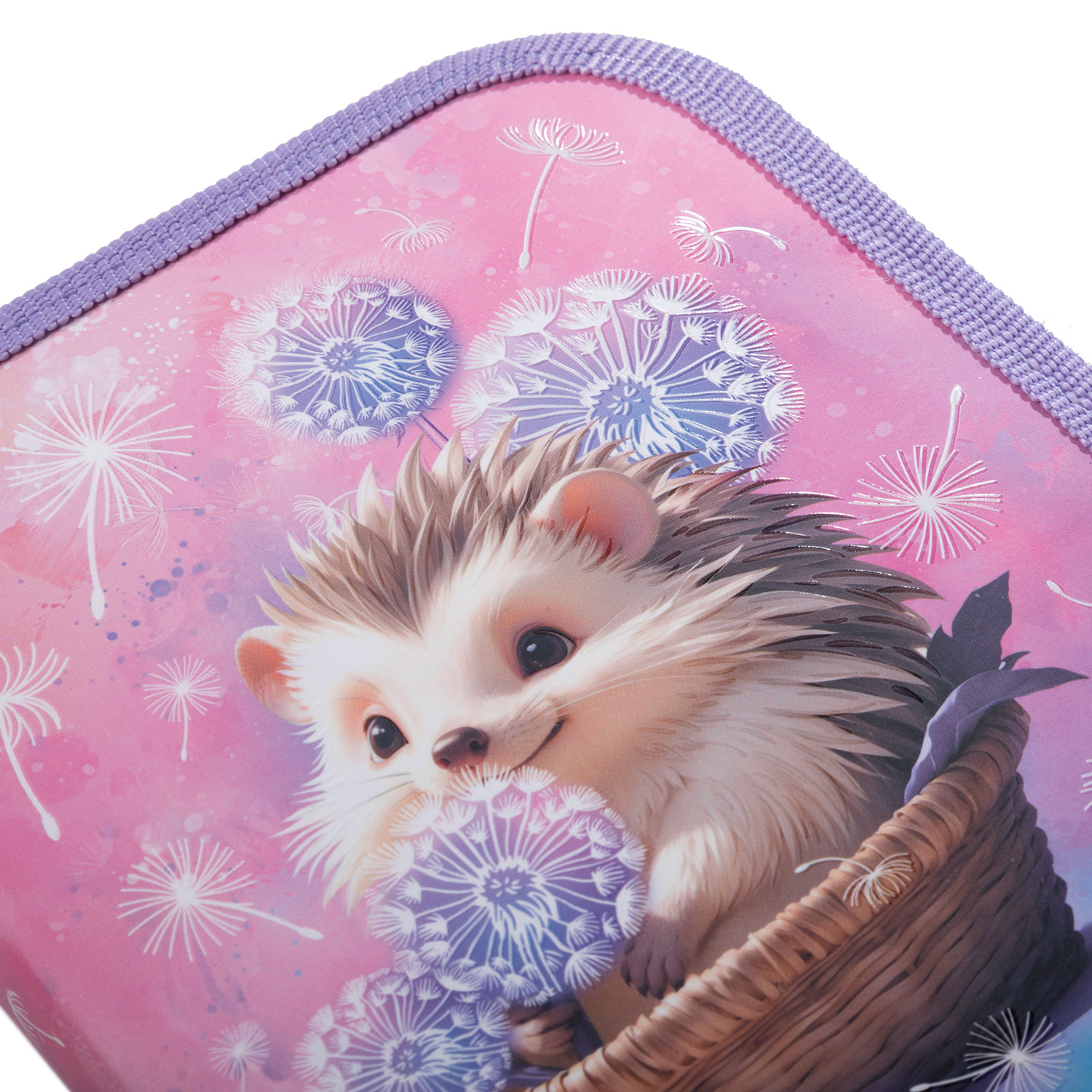 Пенал 190х130мм 1 отделение на молнии мат.ламин. 3D лак -Ежик в одуванчиках- с табл.умножения  в индив.упак.