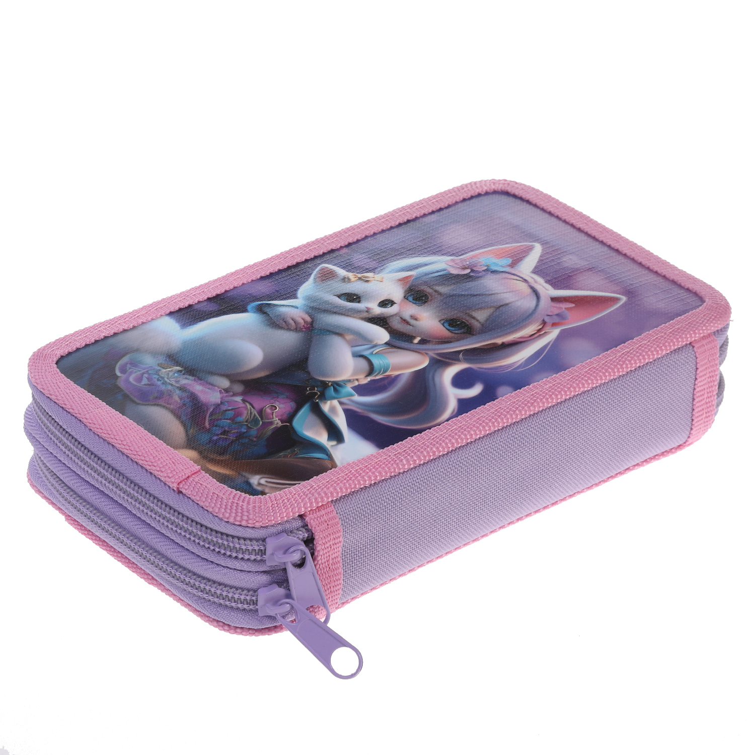 Пенал 190х110мм 2 отделения на молнии глянц.ламин.тиснение -Мой котик- с табл.умножения в индив.упак. 