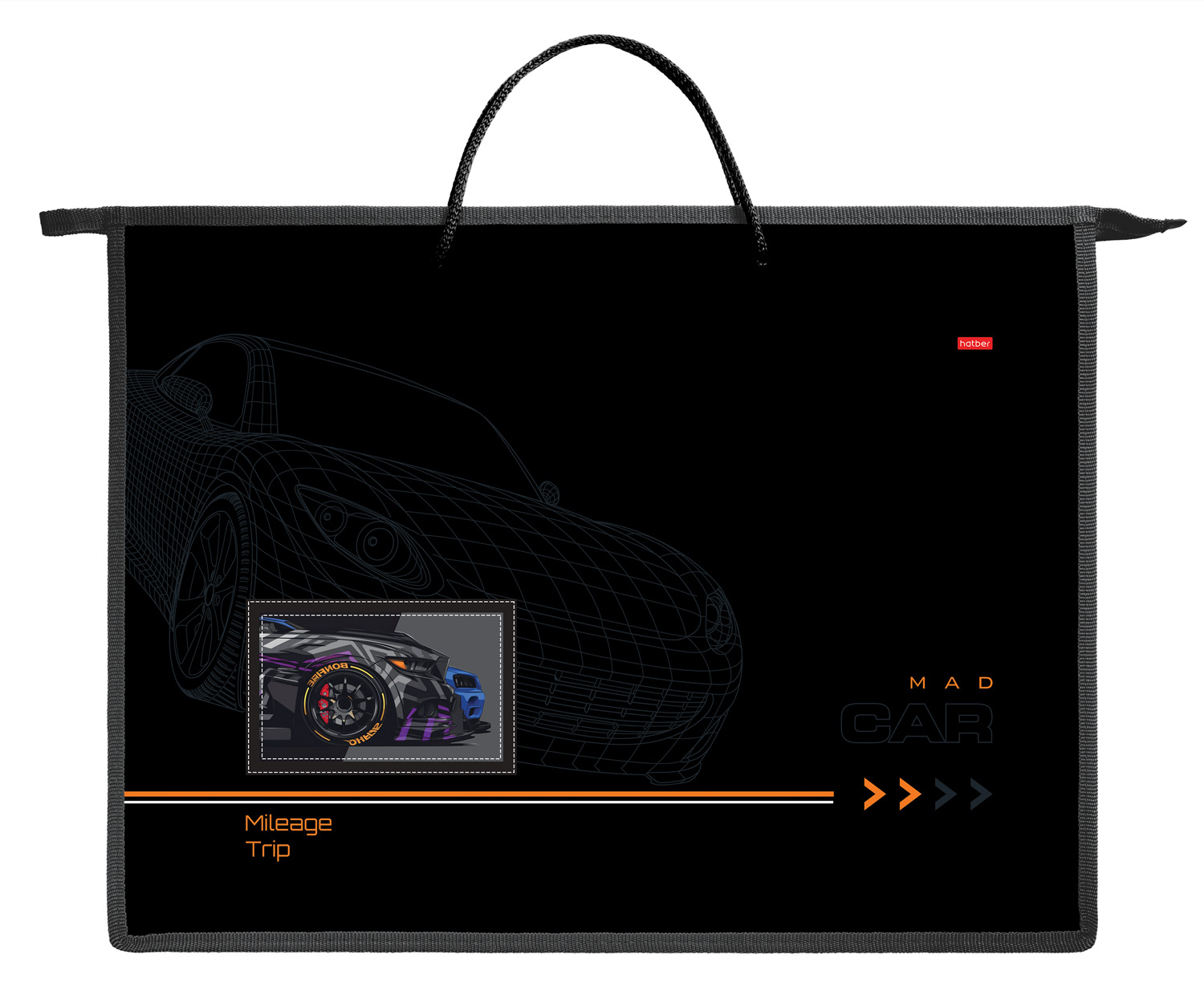 Папка для тетрадей Пластиковая А3ф 1 отделение с РУЧКАМИ 345х460х50мм на молнии -MAD CAR-  в индив.упак.