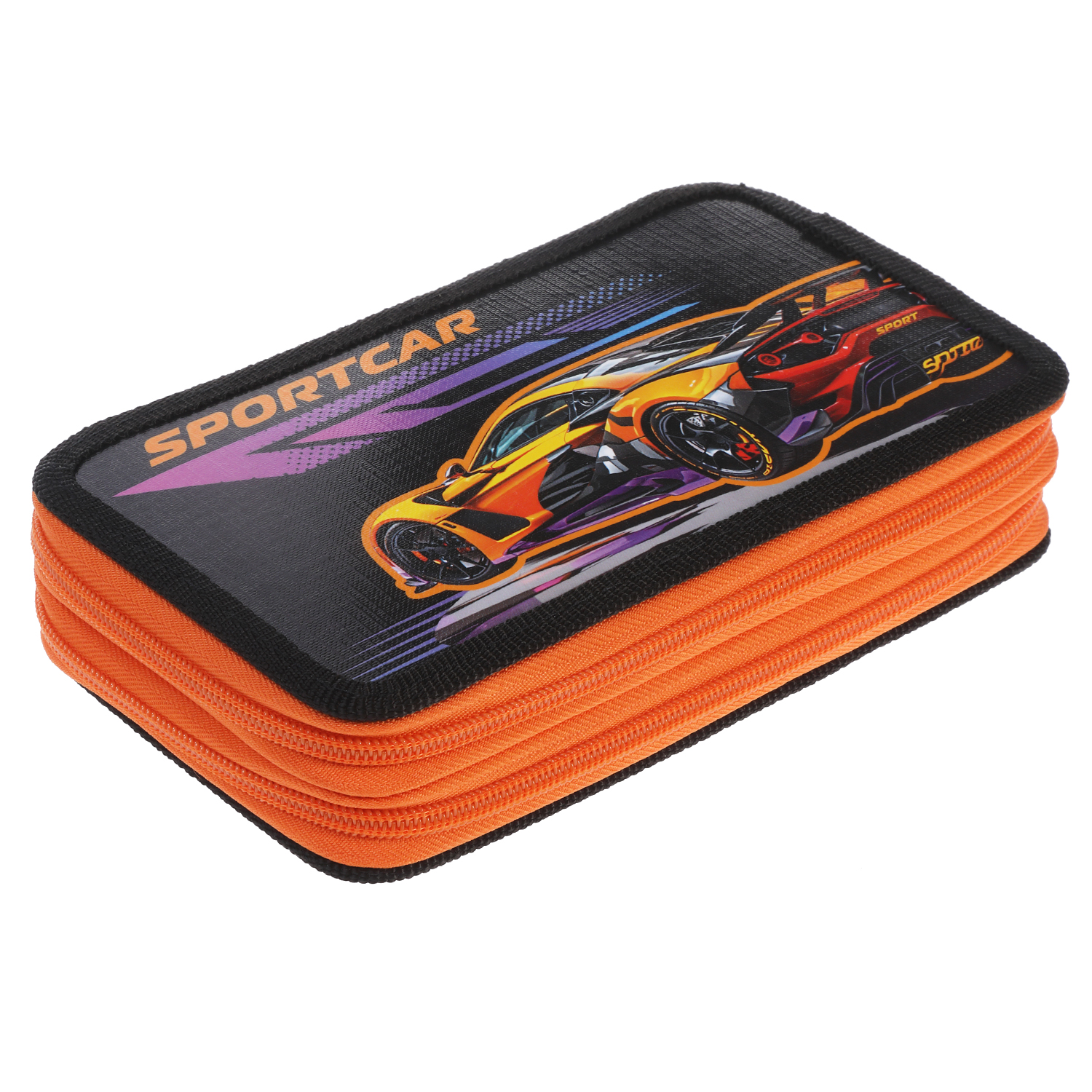 Пенал 190х110мм 2 отделения на молнии глянц.ламин.тиснение-Sport car- с табл.умножения в индив.упак. 