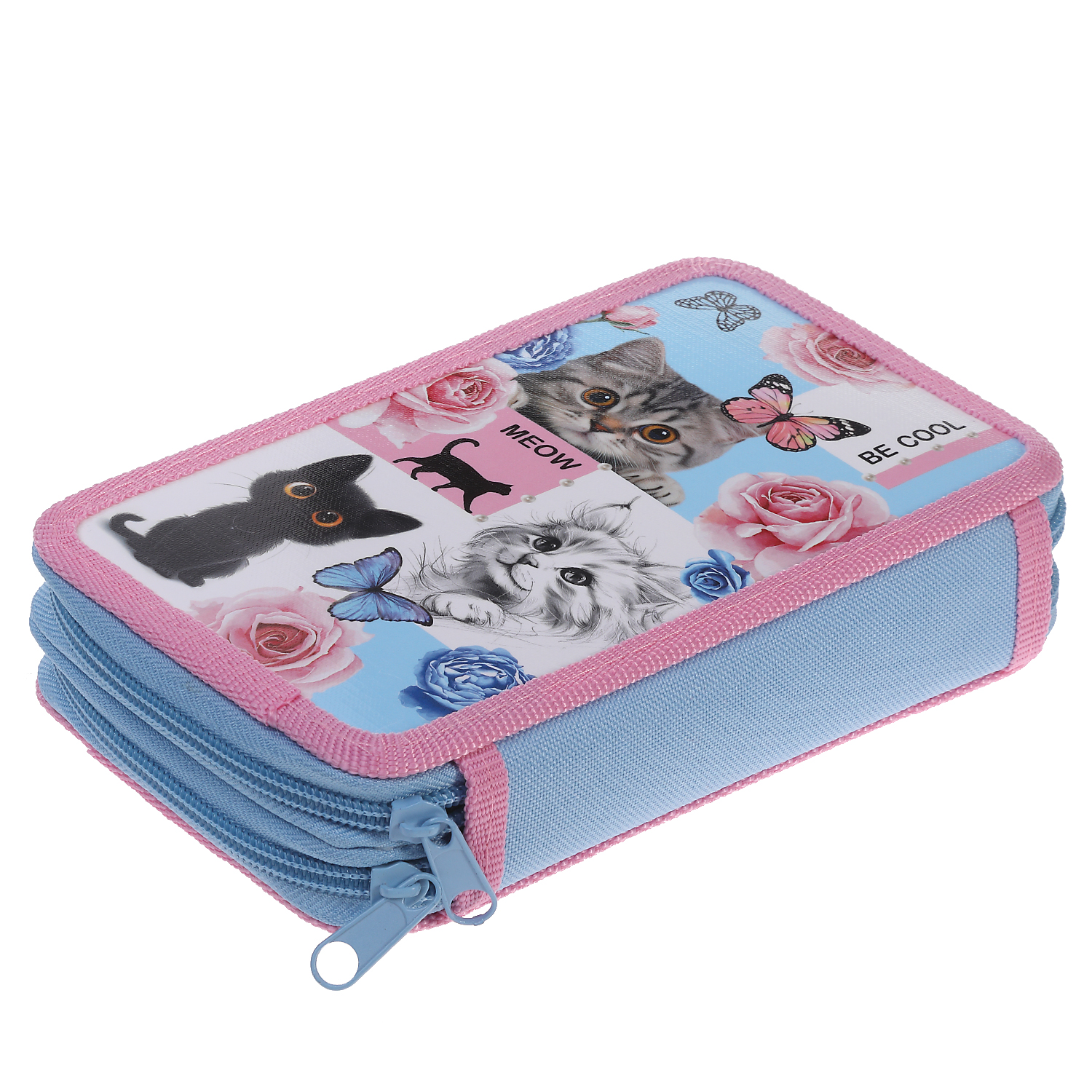 Пенал 190х110мм 2 отделения на молнии глянц.ламин.тиснение -Cat day- с табл.умножения в индив.упак. 