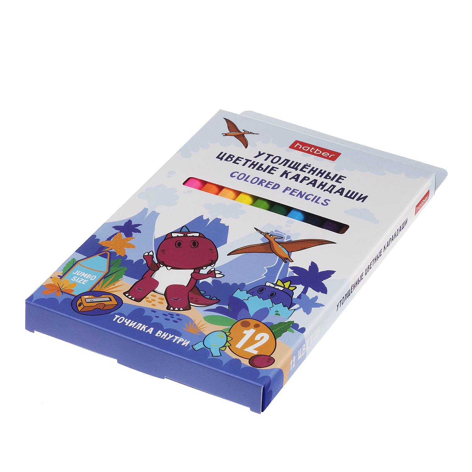 Карандаши цветные Hatber УТОЛЩЁННЫЕ шестигр. корпус 12 цв. серия ДИНОСАД с точилкой в картонной коробке