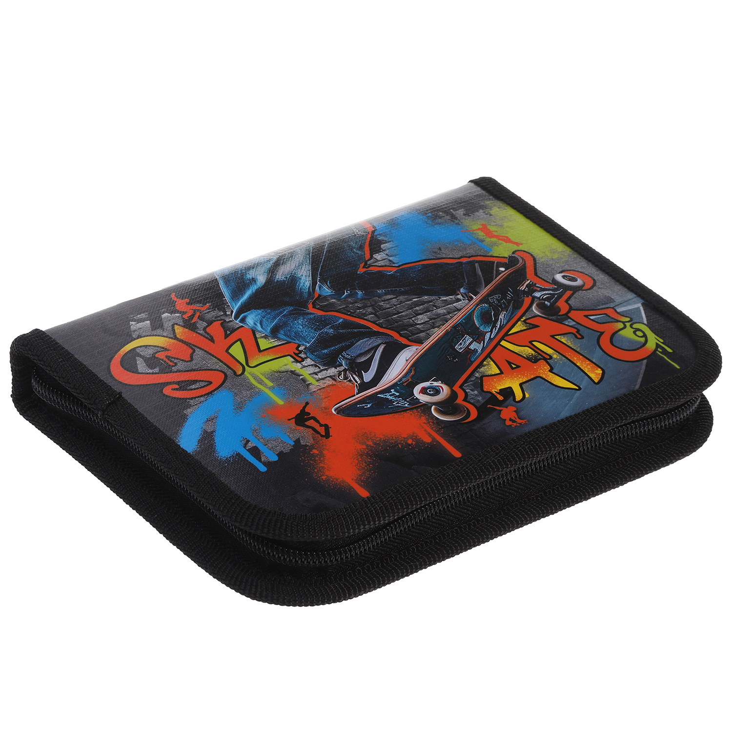 Пенал 190х130мм 1 отделение на молнии с откидной планкой глянц.ламин.тиснение -На скейте- с табл.умножения  в индив.упак.