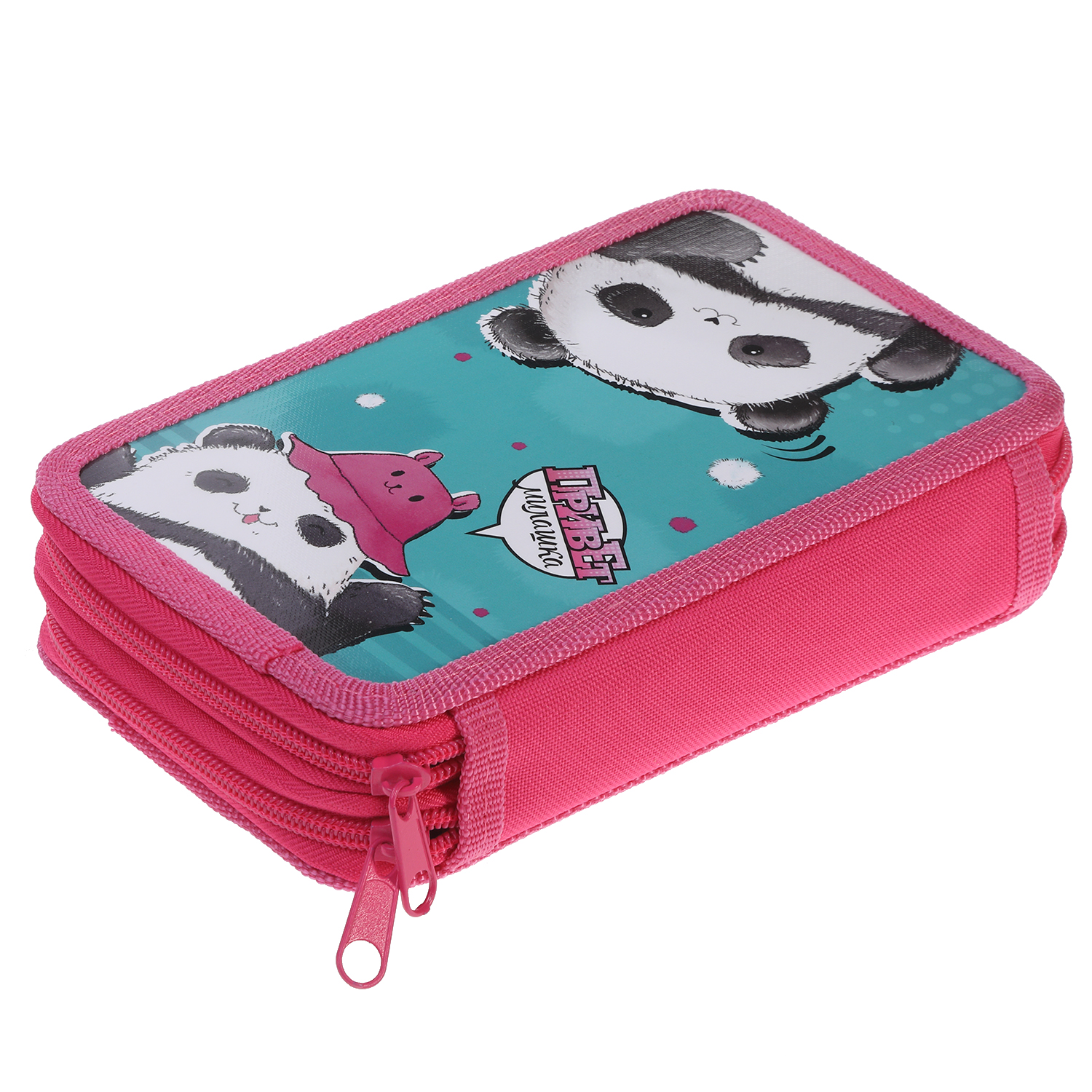 Пенал 190х110мм 2 отделения на молнии глянц.ламин.тиснение-Плюшевые панды- с табл.умножения в индив.упак. 