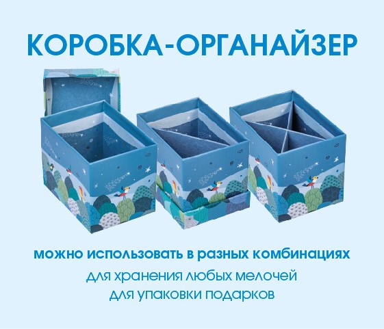 Коробка Картонная (органайзер настольный) с крышкой со съемными перегородками 125х90х100 мат.ламин. -Птицы-