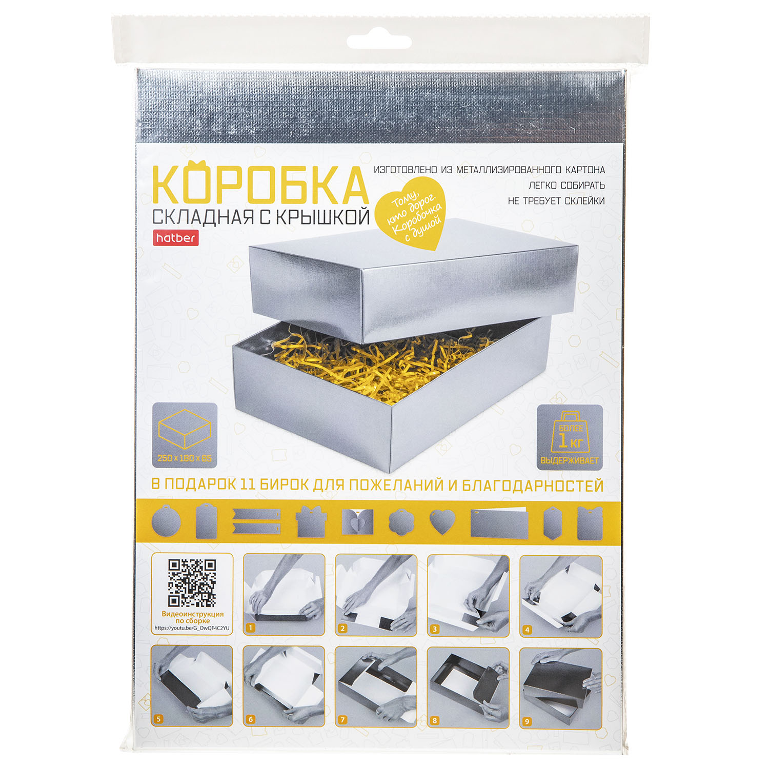 Коробка Картонная с крышкой сборная 250х180х65 ПРЯМОУГОЛЬНИК МЕТАЛЛИК Тиснение Серебро  в пакете с европодвесом