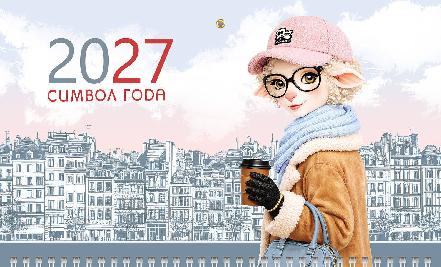Календарь квартальный 3-х блоч. на 3-х гребнях 297х750мм ОФИС бум. Офсет. 2-х цв. блок с бегунком на 2027г-Знак Года_Модница-  в пакете с европодвесом