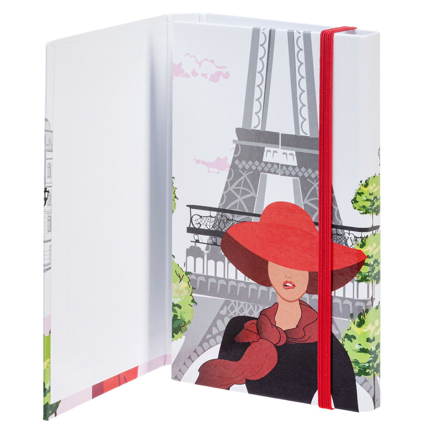 Записная книжка 80-50л А6ф 60-65г/кв.м с твердой обложкой с клапаном  на гребне на резинке глянц. ламин. -Увидеть Париж!- в индив.упак.