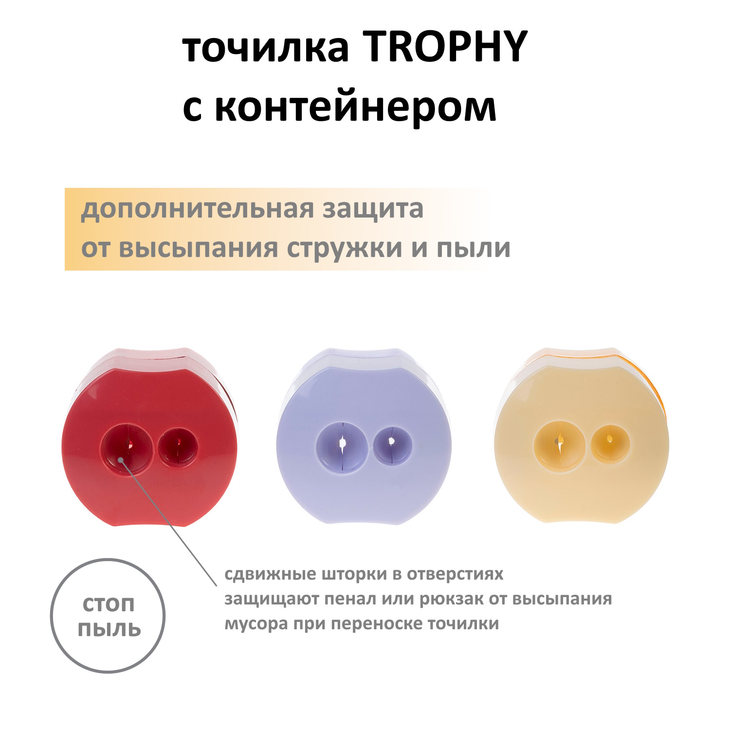 Точилка -ТРОФИ- Пластиковая Цветная с контейнером с 2-мя отверстиями Ассорти 3 цв.12 шт. в картонной Дисплей-витрине