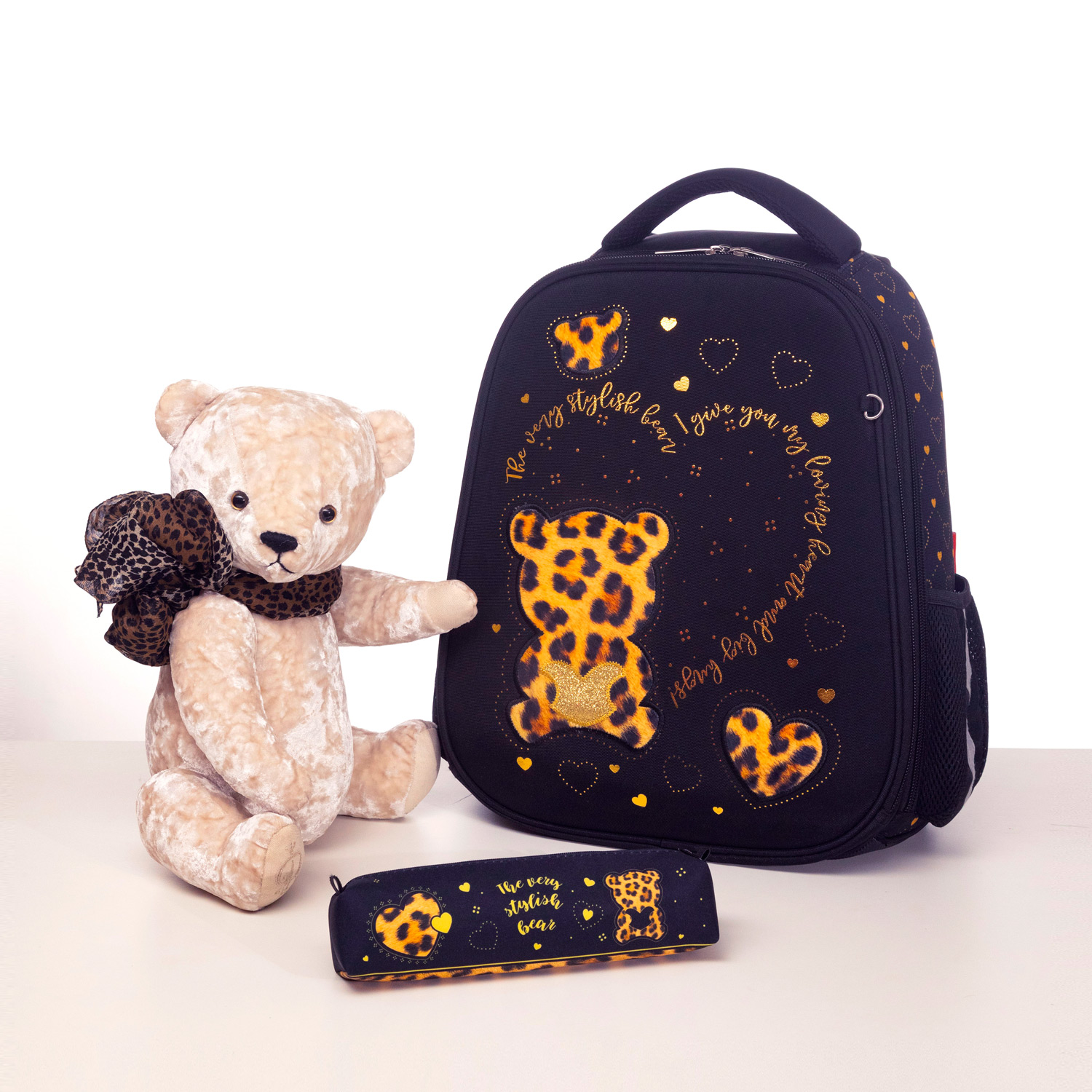 Пенал 190х130мм 1 отделение на молнии с откидной планкой мат.ламин. 3D фольга -Стильный мишка- с табл.умножения  в индив.упак.