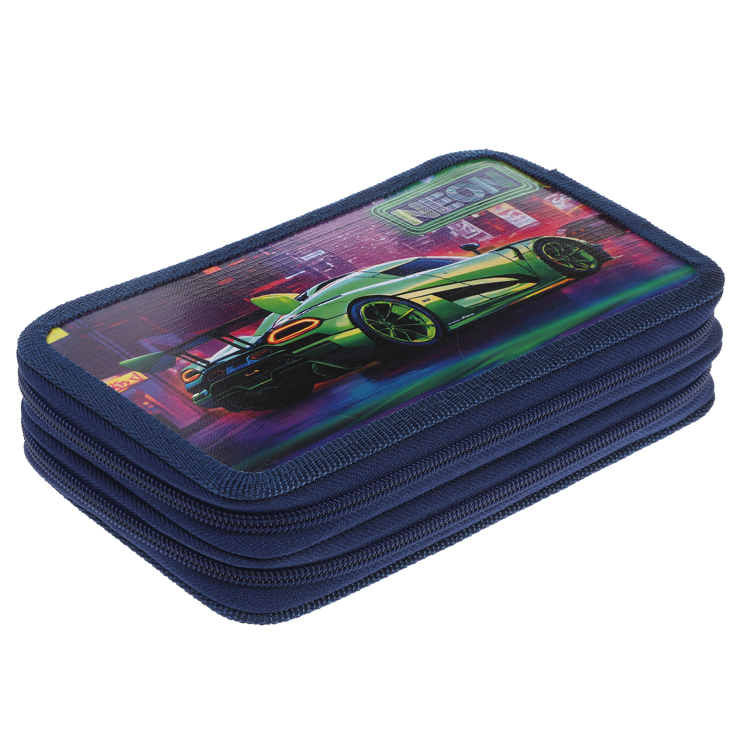 Пенал 190х110мм 2 отделения на молнии глянц.ламин.тиснение -Неоновый пит-стоп- с табл.умножения в индив.упак. 