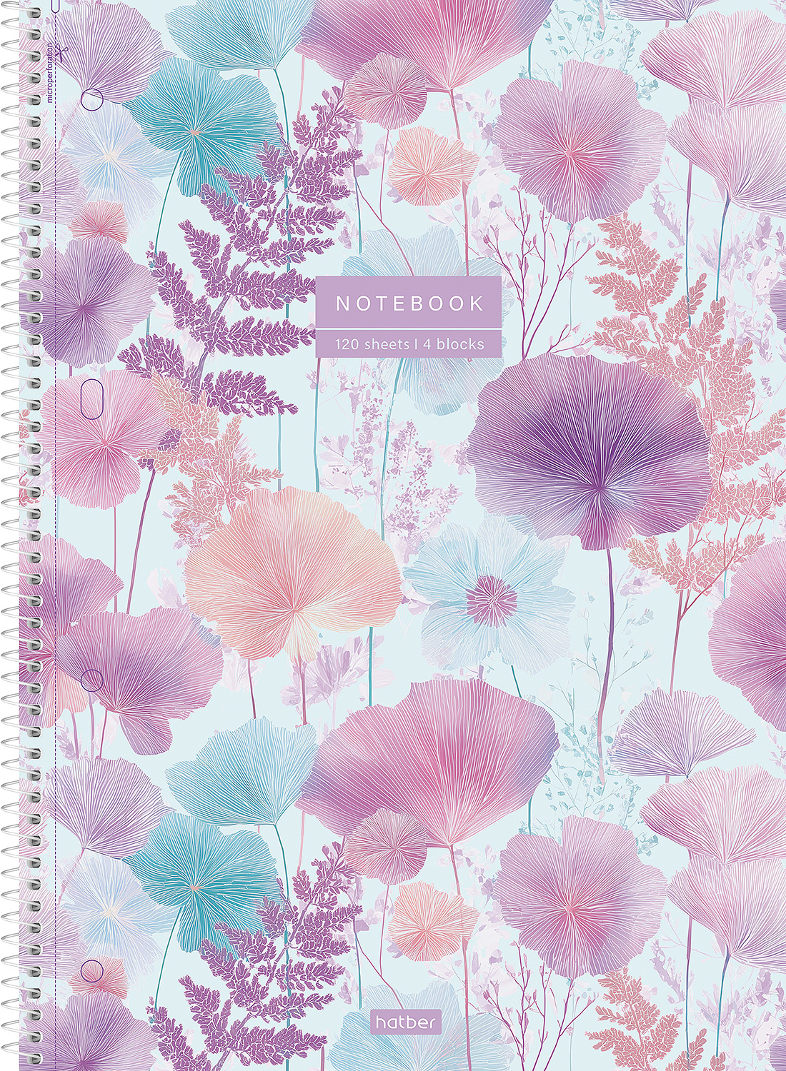 Тетрадь 120л А4ф на спирали 3 цв. разделителя Многоуров.перфорация ламинац.SOFT-TOUCH-Парящие лепестки-  в индив.упак.