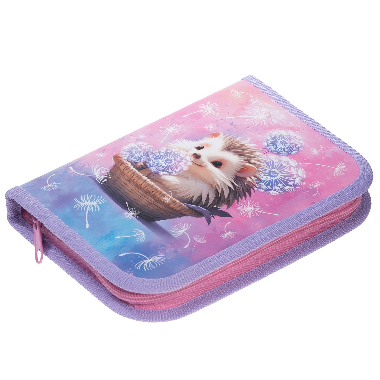 Пенал 190х130мм 1 отделение на молнии мат.ламин. 3D лак -Ежик в одуванчиках- с табл.умножения  в индив.упак.