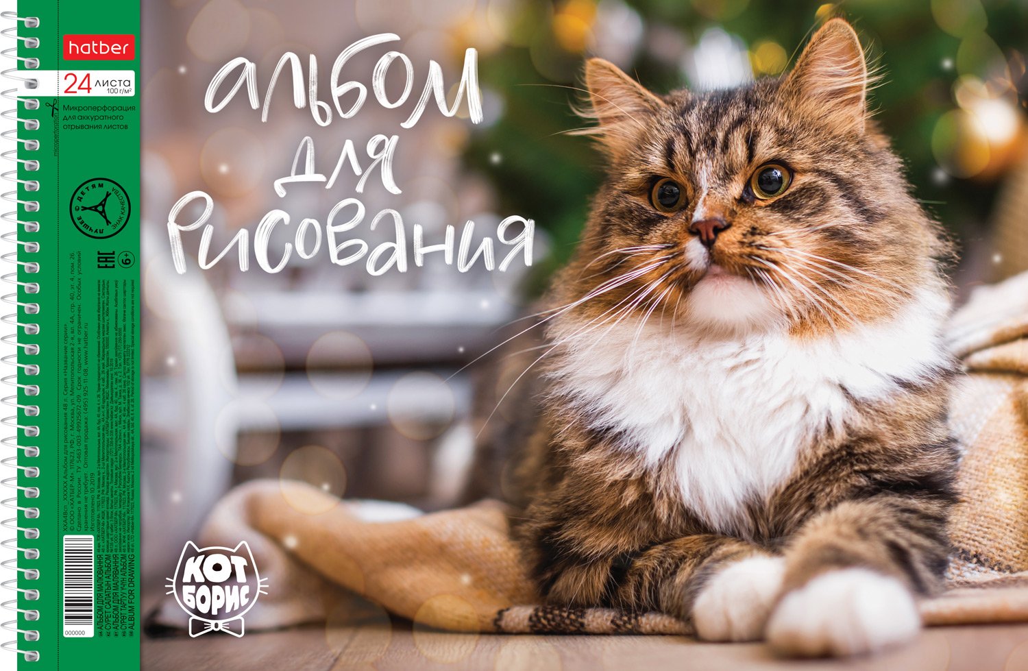 АЛЬБОМ для рисования 24л А4ф перфорация на отрыв на спирали 5 диз.в блоке серия -Кот Борис- 