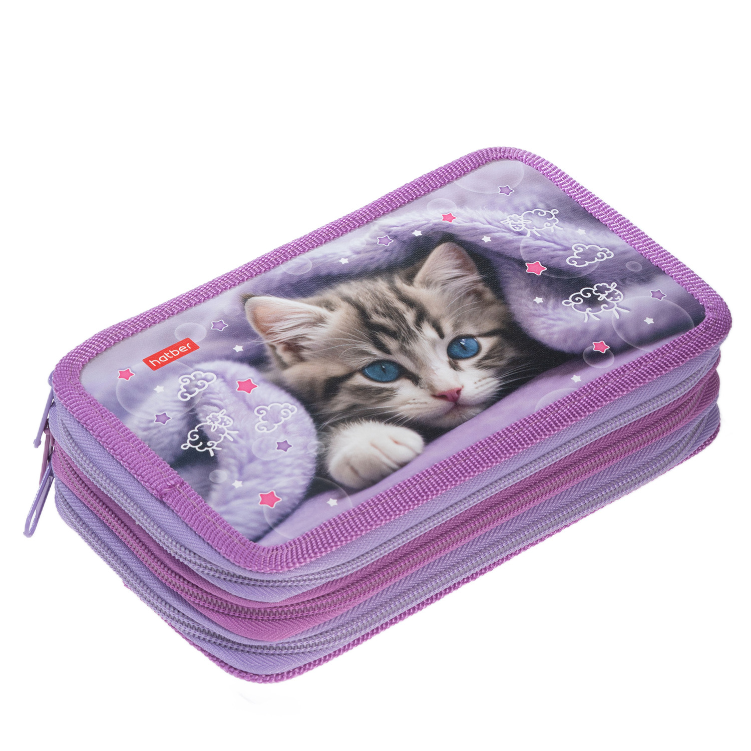 Пенал 190х110мм 3 отделения на молнии глянц. ламин. -Что снится котикам?- с табл.умножения  в индив.упак.