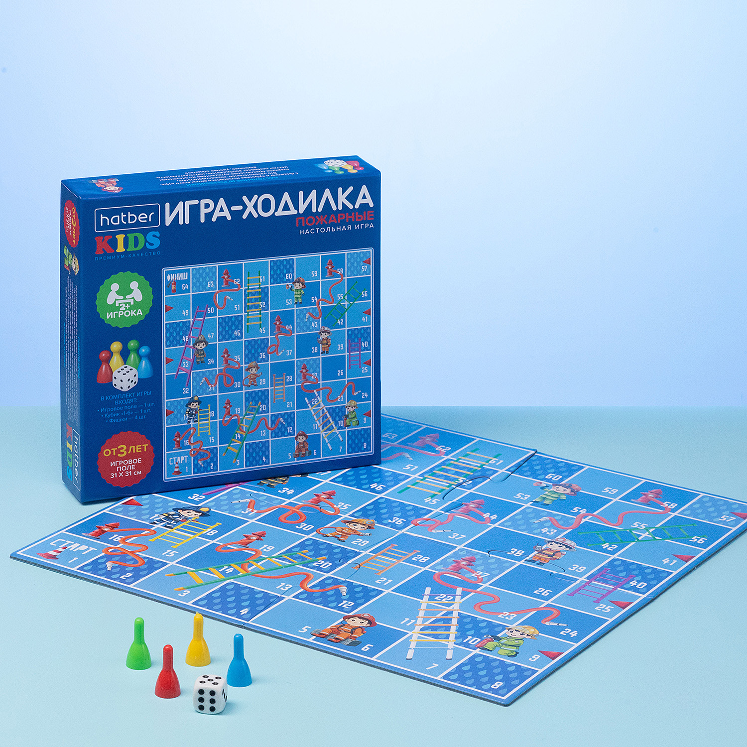 ИГРА для детей настольно-печатная Ходилка Пазл А3ф 310х310мм с кубиком и фишками-Пожарные- в Бокс-упаковке
