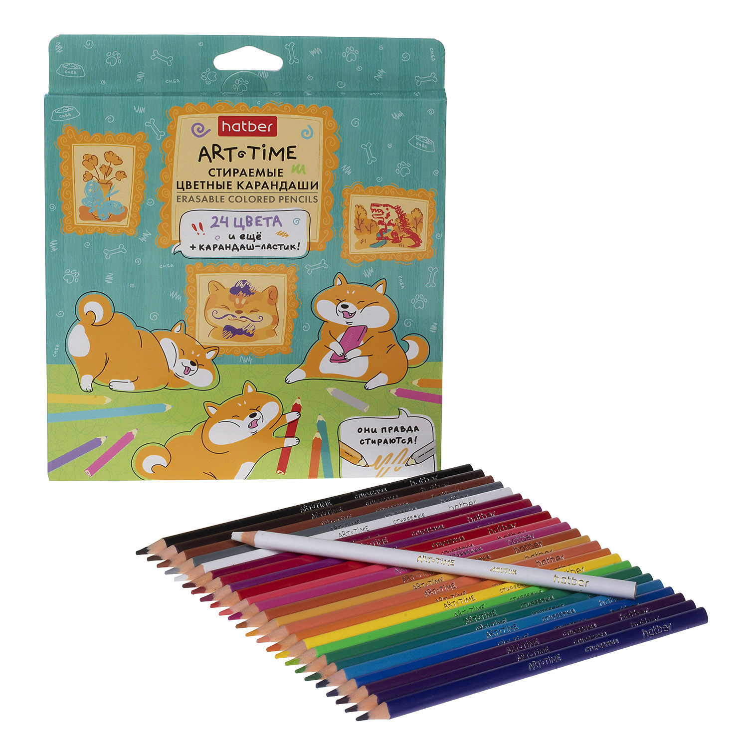 Карандаши цветные стираемые пластиковые трехгран.корпус 24 цв. + 1 карандаш-ластик -ART-TIME- заточен.  в карт. короб. с европодвесом